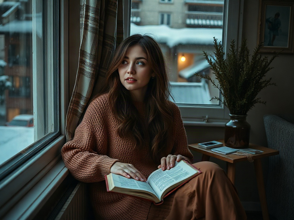 Девушка в уютной одежде читает книгу у окна с зимним пейзажем. На столе лежат заметки и телефон.