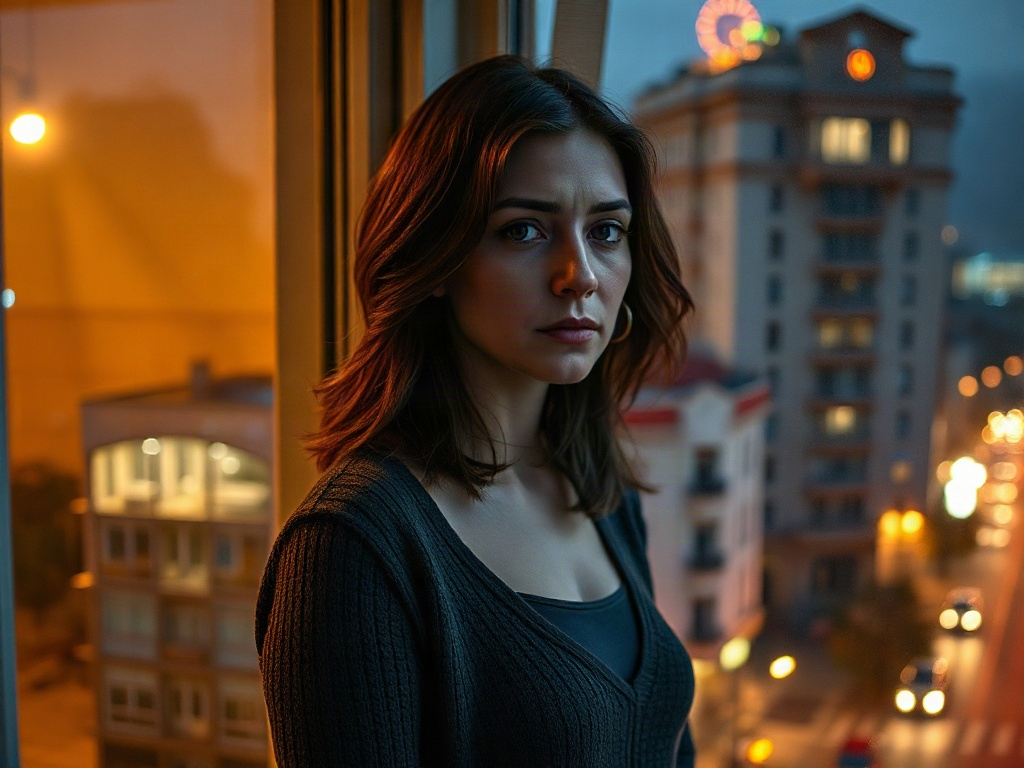 Женщина с задумчивым выражением лицом стоит у окна на фоне вечернего города с огнями.
