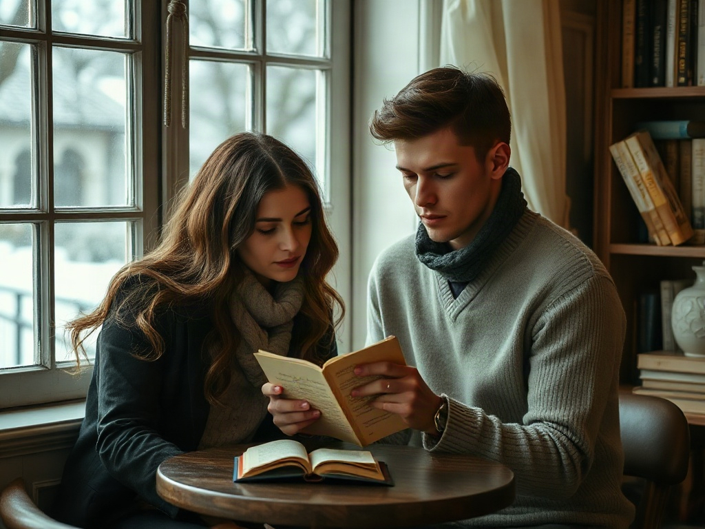 Молодая пара сидит за столом у окна, увлеченно читая книги в уютном зимнем кафе.